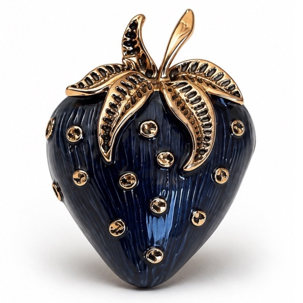 Enamel Strawberry Brooch Navy Blue Gold Tone Fruit Pin Vintage Style Dotted